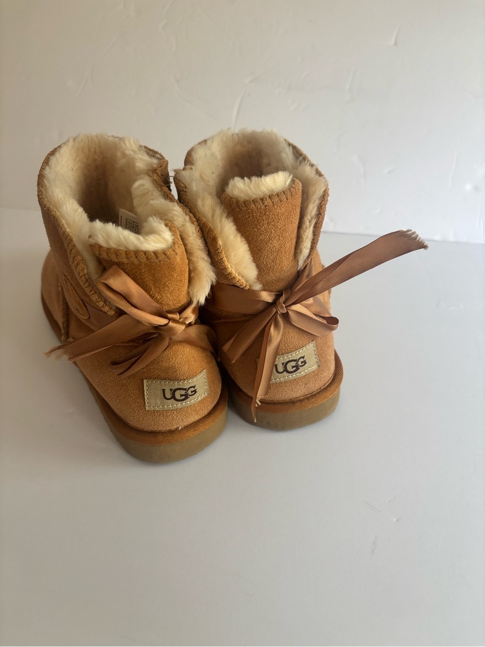 UGG Chestnut Suede Shearling Short Ankle Booties with Ribbon Bows